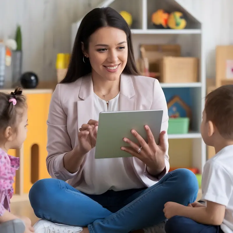 Childminder recording daily information in an app.