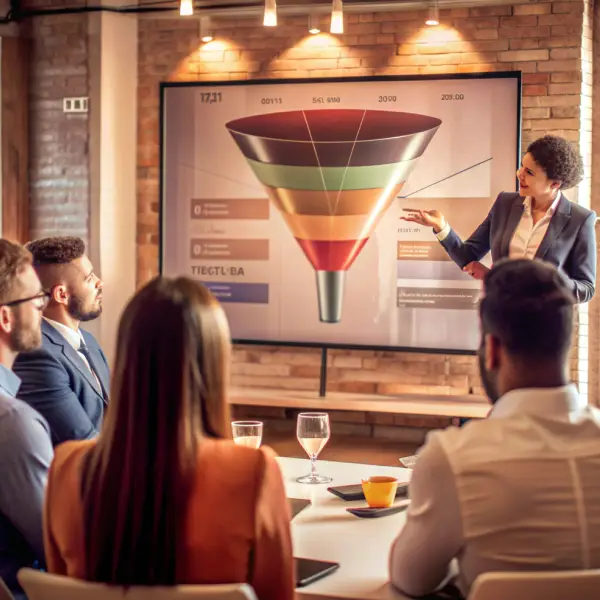 Content marketing expert planning lead-generating funnel on digital whiteboard